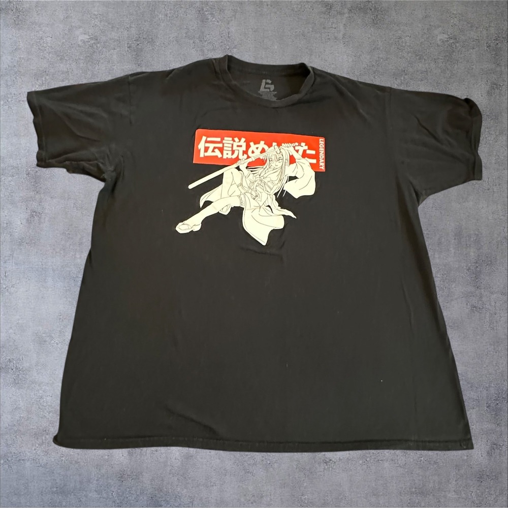 Legendary Mens Black Anime Samurai Girl Graphic‎ T-Shirt Size 2XL Japanese Kanji
